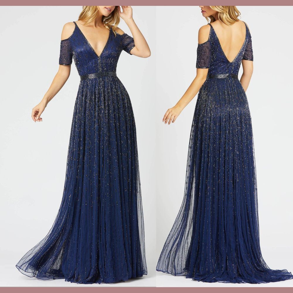 NWT $598 MAC‎ DUGGAL [ 8 ] 5175 Beaded Cold Shoulder A-line Gown Navy Blue #Q791
